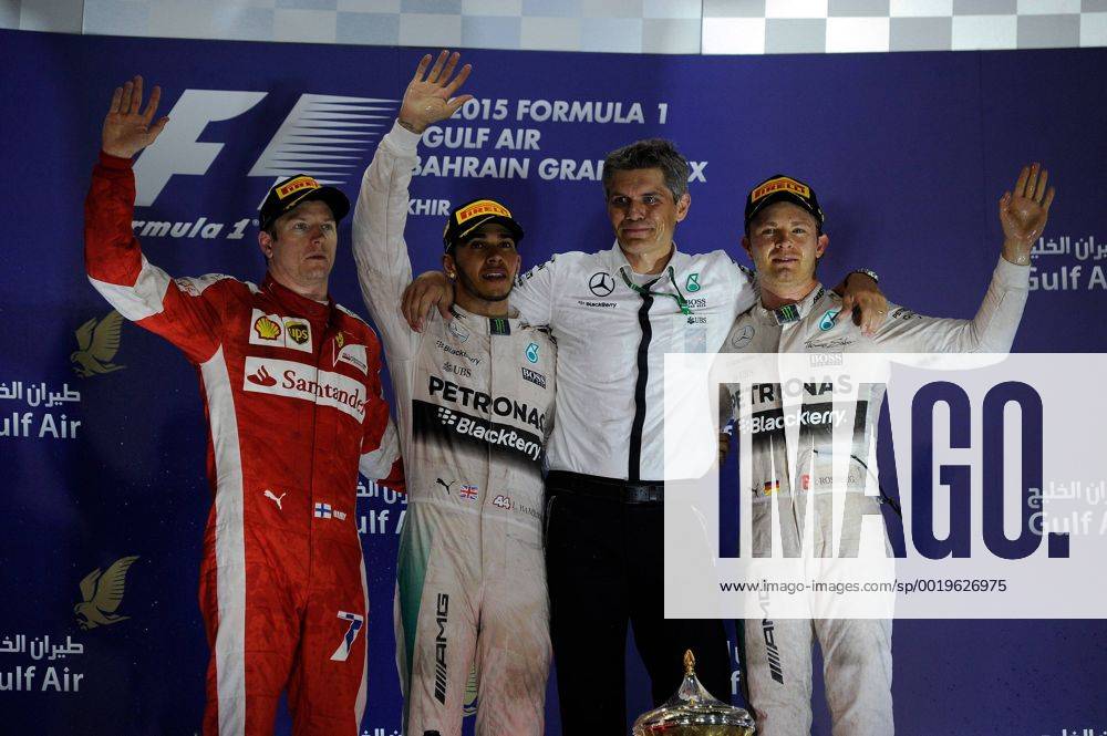 Podium, Kimi Räikkönen, Scuderia Ferrari, Lewis Hamilton; Nico Rosberg; Mercedes Grand Prix, formula 1 GP, Bahrain in Manama Shakir 19.04.2015 Photo:mspb Lukas Gorys Kimi Räikkönen, Lewis Hamilton; Nico Rosberg; formula 1 GP, Bahrain