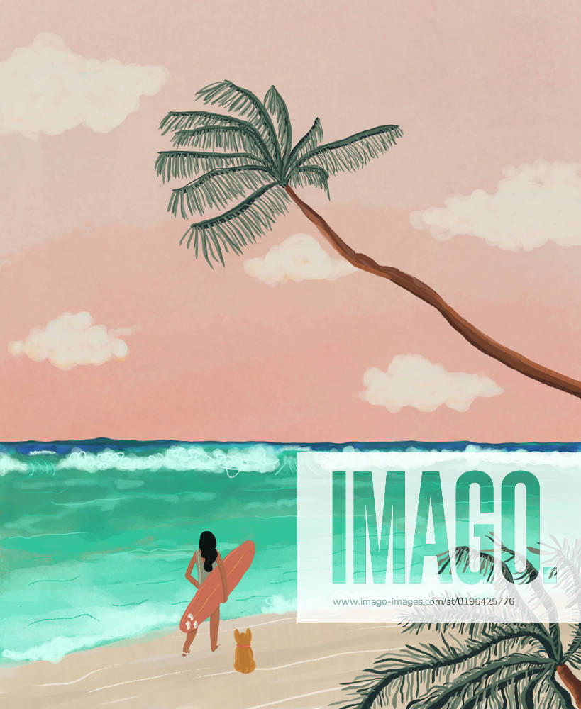 Drawing of female surfer with board and dog walking on sandy beach with palm tree and foaming sea BrendaFebus_ID8412_251057_002