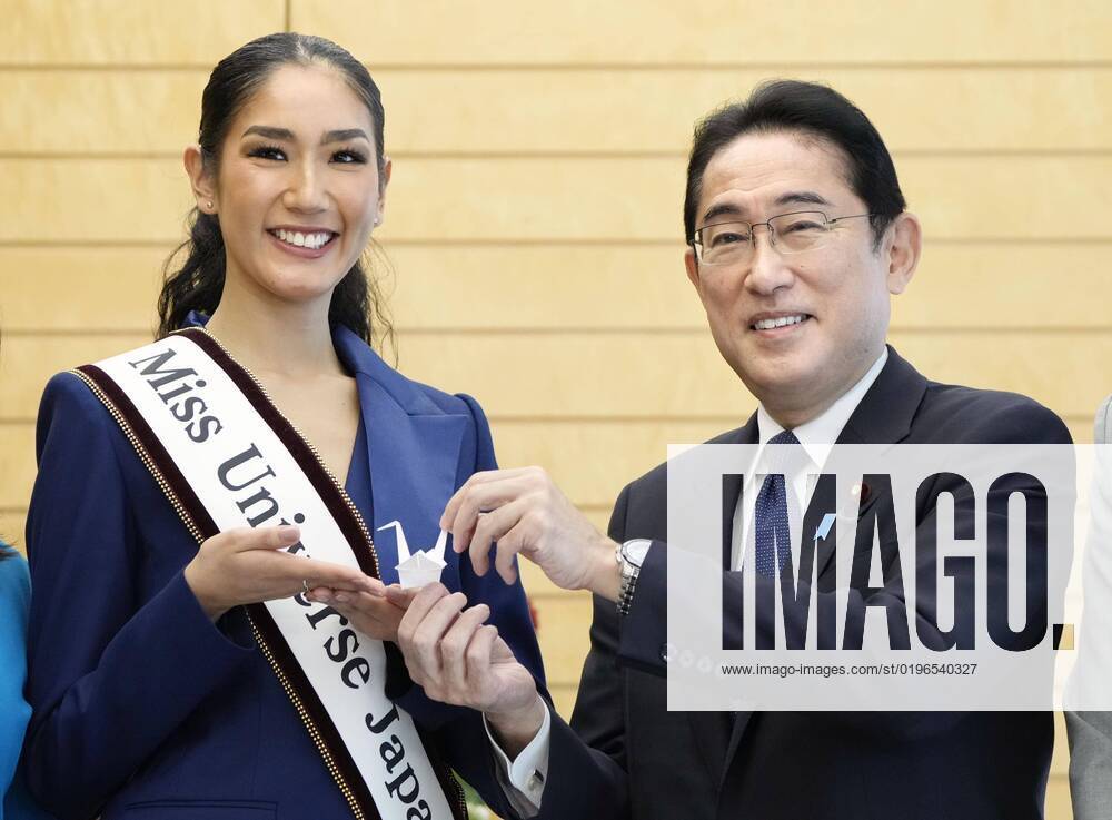 Miss Universe Japan meets PM Kishida Japanese Prime Minister Fumio Kishida presents a paper crane that he folded to Marybelen Sakamoto, who will represent Japan in the Miss Universe pageant, as they meet at the premier s office in Tokyo on Dec. 13, 2022. Sakamoto will wear a costume featuring a thousand paper cranes at the pageant to be held in January 2023. A14AA0001374909P