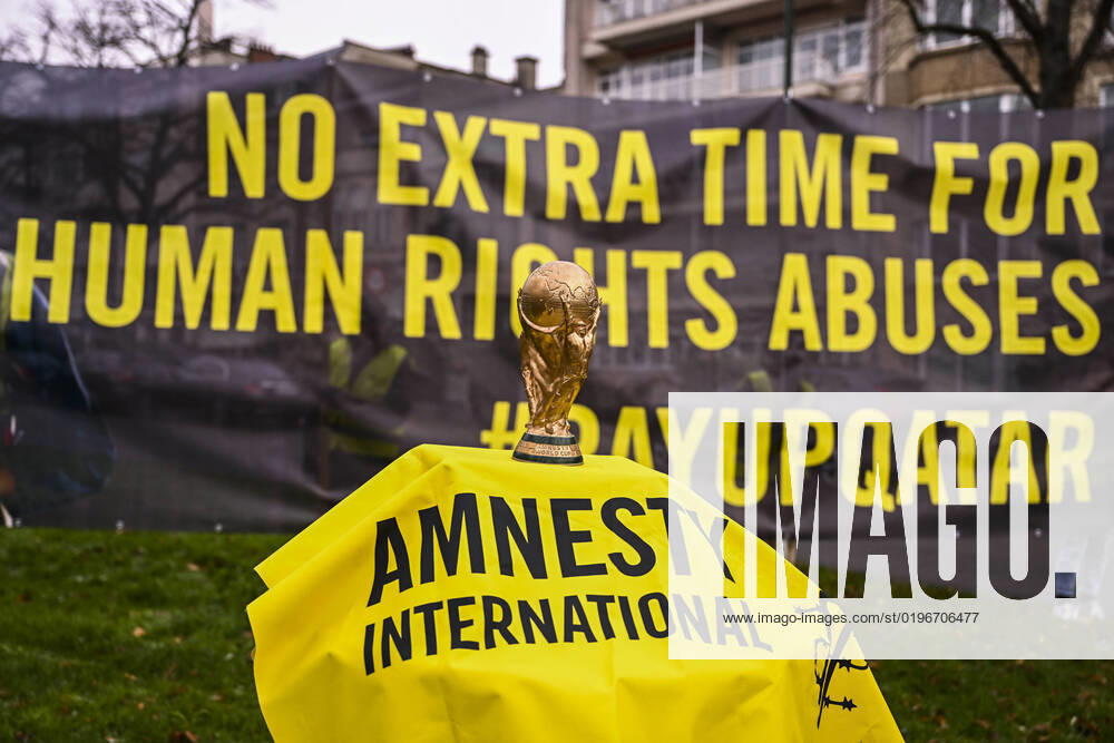 Illustration picture shows a protest of Amnesty International outside the Qatari embassy on International Migrants Day, in Brussels, Friday 16 December 2022. With two days to go before the World Cup final, Amnesty International is reiterating its calls on FIFA and Qatar to end human rights violations against migrant workers and establish a reparations programme for them. LAURIExDIEFFEMBACQ 56419229