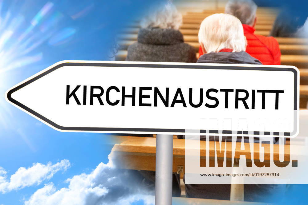 Symbol image church exit directional sign with inscription church exit in front of people in a church and a blue sky composing