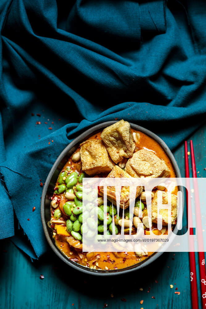 Bowl of ready to eat vegan curry with edamame and tofu, SBDF04585