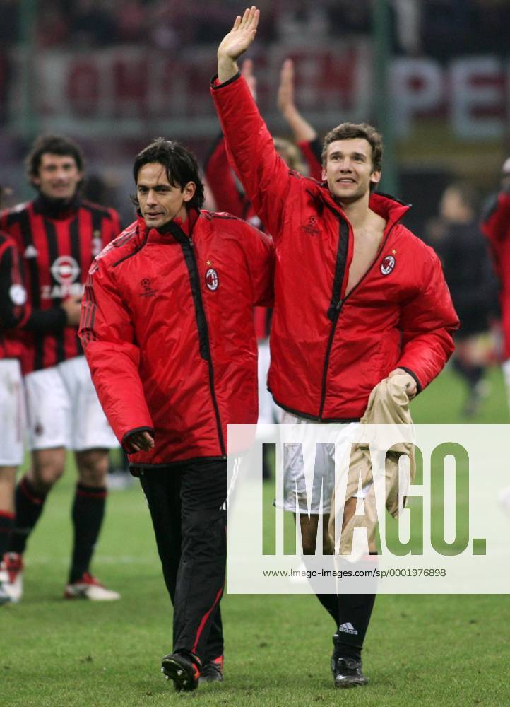 Filippo Inzaghi (li.) und Andriy Shevchenko (beide Milan) - Schlussjubel Fußball EC 1 Herren Champions League 2005 2006, AC Mailand Gruppe Mailand Freude,