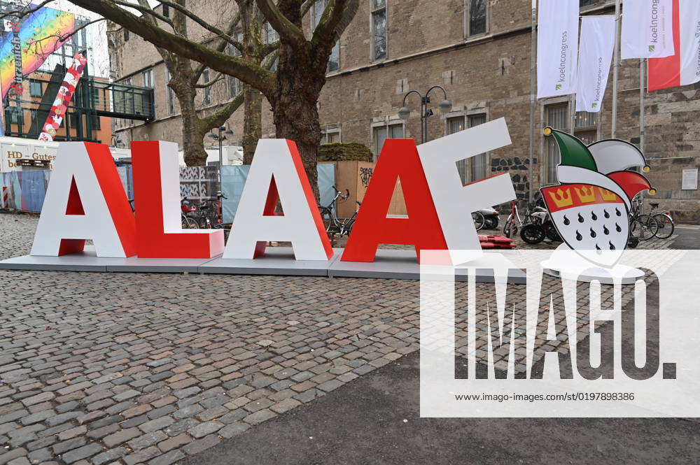 The two-meter Alaaf lettering stands in front of the Cologne Gürzenich as a gift from the Festkomitee Kölner Karneval for the 200th anniversary of the carnival Alaaf is world famous as a traditional Cologne exclamation and a real trademark of Rhenish joie de vivre