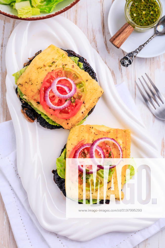 Portobello mushroom open sandwich or burger with grilled halloumi cheese and onions Portobello mushroom open sandwich or burger with grilled halloumi cheese and onions