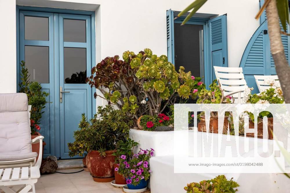 Flowers in ceramic pots in front of a whitewashed house in Imerovigli on Santorini island, Flowers in ceramic pots in front of a whitewashed house in Imerovigli on Santorini island, Cyclades, Greece, Flowers in ceramic pots in front of a whitewashed house in Imerovigli on Santorini island, Cyclades, Greece, 28.09.2022,