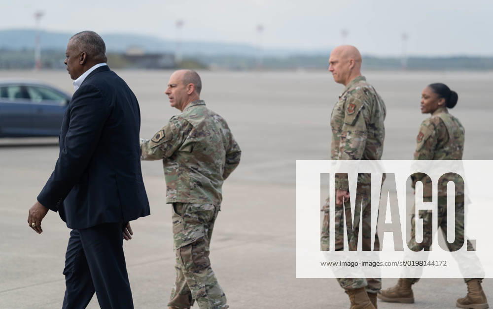 U.S. Secretary of Defense Lloyd Austin III (left) is accompanied by (left to right) U.S. Air Force Gen. Jeffrey L. Harrigian, U.S. Air Forces in Europe and Air Forces Africa commander, Brig. Gen. Joshua Olson, 86th Airlift Wing commander and 86 AW Command Chief Master Sgt. Charmaine Kelley, at Ramstein Air Base, Germany, April 25, 2022. Secretary Austin invited Ministers of Defense and senior military officials to Ramstein this week to discuss the ongoing crisis in Ukraine and various issues facing U.S. allies and partners.