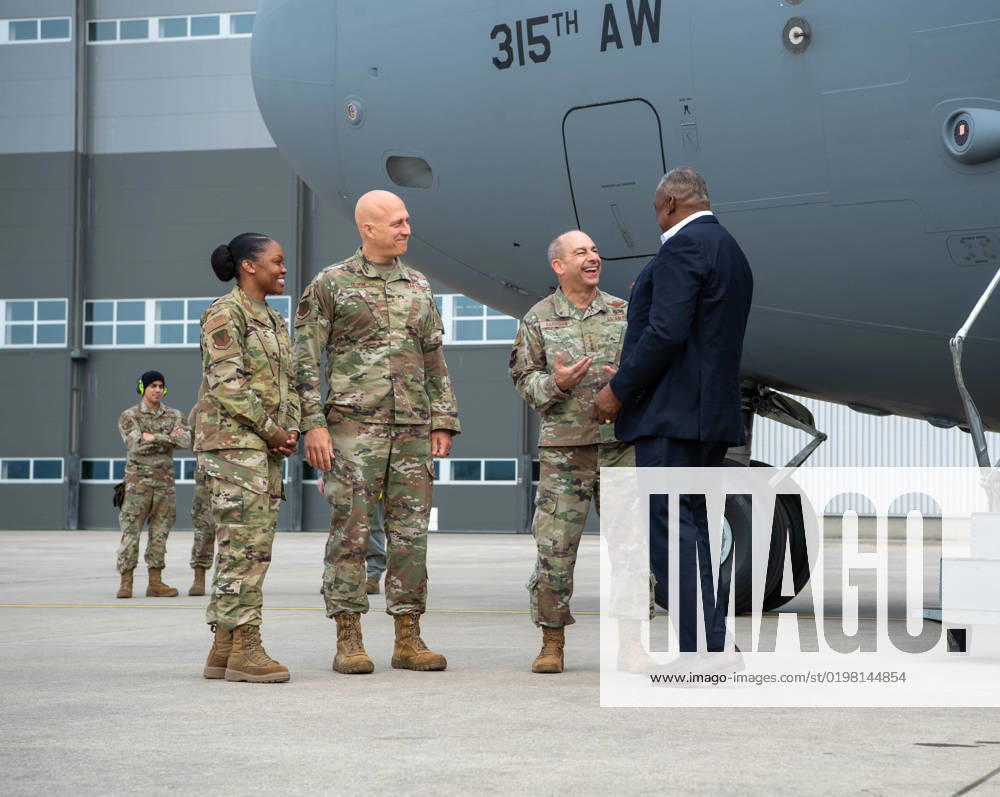U.S. Secretary of Defense Lloyd Austin III (left) is greeted by (left to right) U.S. Air Force Gen. Jeffrey L. Harrigian, U.S. Air Forces in Europe Air Forces Africa commander, Brig. Gen. Joshua Olson, 86th Airlift Wing commander and 86 AW Command Chief Master Sgt. Charmaine Kelley, at Ramstein Air Base, Germany, April 25, 2022. Secretary Austin invited Ministers of Defense and senior military officials to Ramstein this week to discuss the ongoing crisis in Ukraine and various issues facing U.S. allies and partners.