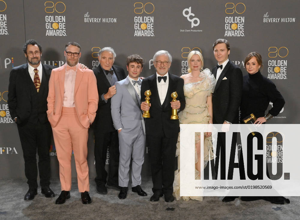 (L-R) Tony Kushner, Seth Rogen, Judd Hirsch, Gabriel LaBelle, Steven Spielberg, Michelle Williams, Paul Dano, and Kristie Macosko Krieger appear backstage after winning the award for Best Picture - Drama for The Fabelmans during the 80th annual Golden Globe Awards at the Beverly Hilton in Beverly Hills, California on Tuesday, January 10, 2023. LAP20230110406 JIMxRUYMEN