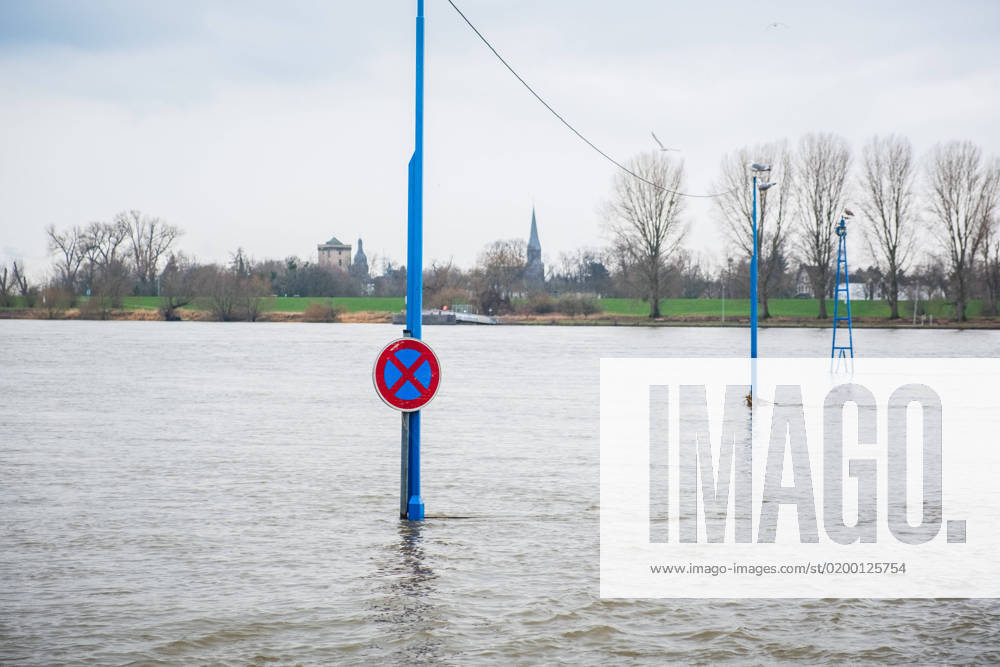A no stopping sign in the Rhine at high water Düsseldorf North Rhine Westphalia Germany