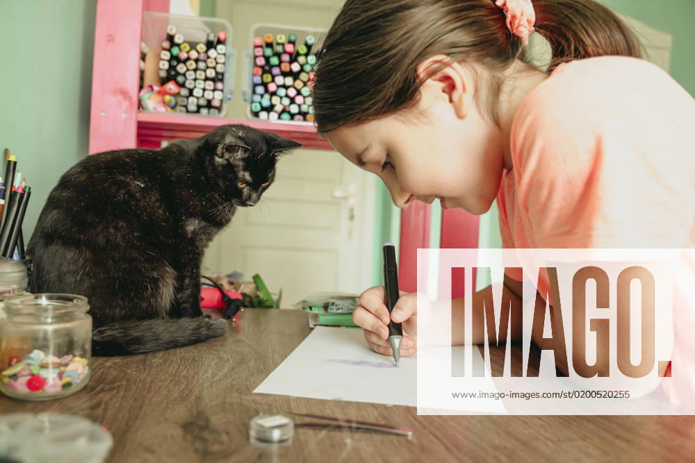 Cat watching girl drawing picture on paper at home model released, Symbolfoto property released, OSF01314