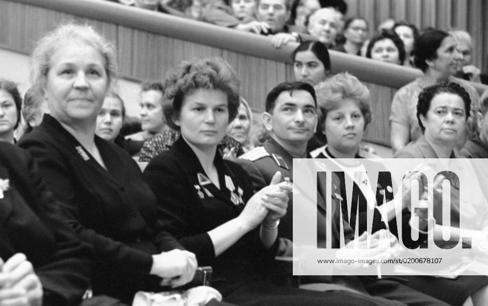 Moscow. USSR. June 28, 1963. Valentina Tereshkova (2nd L), a Soviet cosmonaut, the first woman to journey into outer space, a Hero of the Soviet Union, and Valery Bykovsky, a Soviet cosmonaut, a Hero of the Soviet Union, at a session of the World Congress of Women in the Kremlin Palace of Congresses. Valentin Sobolev TASS 16800194