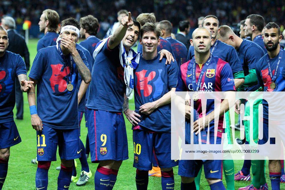 L-r: Schlusjubel, Neymar 11 FC Barcelona Barca , Luis Suarez 9 (FC Barcelona), Lionel Messi 10 (FC Barcelona) und Javier Mascherano 14 (FC Barcelona) , Juventus Turin vs. FC Barcelona, Fussball, Champions League, Finale, 06.06.2015 ,