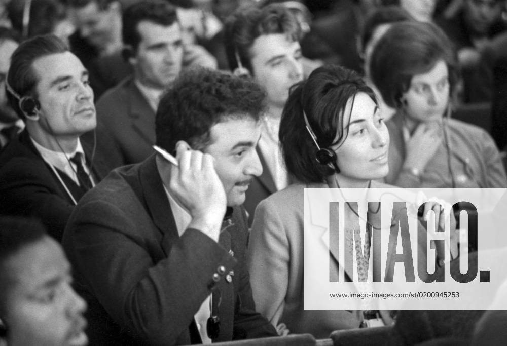Moscow, USSR. September 22, 1964. Soviet delegate, engineer Akif Djafarov and Bulgarian delegate Yulia Kristeva (front) attend the session of the 2nd World Forum of Solidarity of Youth and Students in the Fight for National Independence and Liberation and for Peace in the House of the Unions. Alexey Stuzhin TASS 16920150
