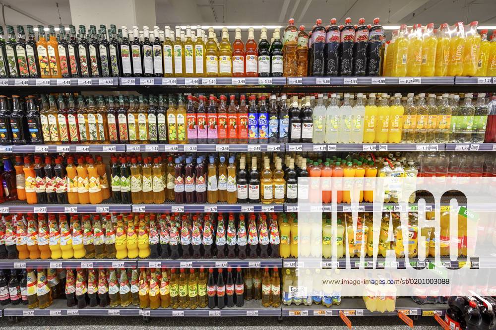 Shelves with Fruit juices and Beverages at wholesale market, Bavaria, Germany, Europe