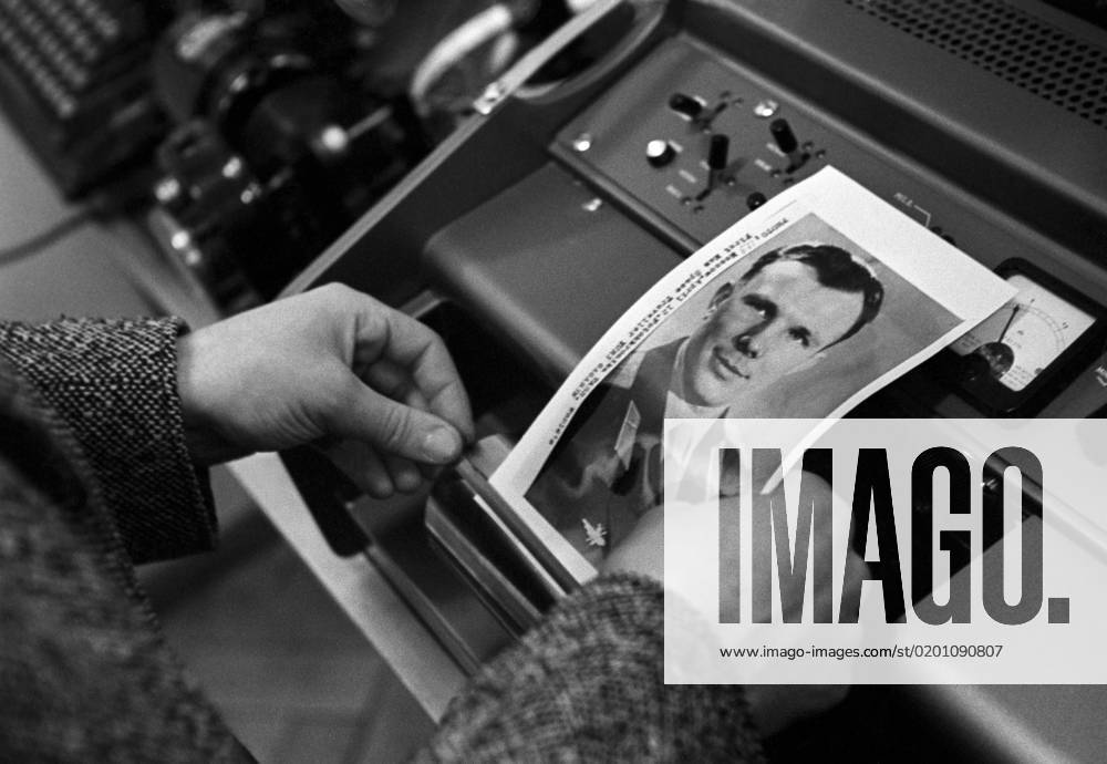 Moscow. The USSR. April 14, 1961. A portrait of Yuri Gagarin, the first human to journey into outer space, is printed for further distribution in Prague. Valery Gende-Rote TASS 1418690