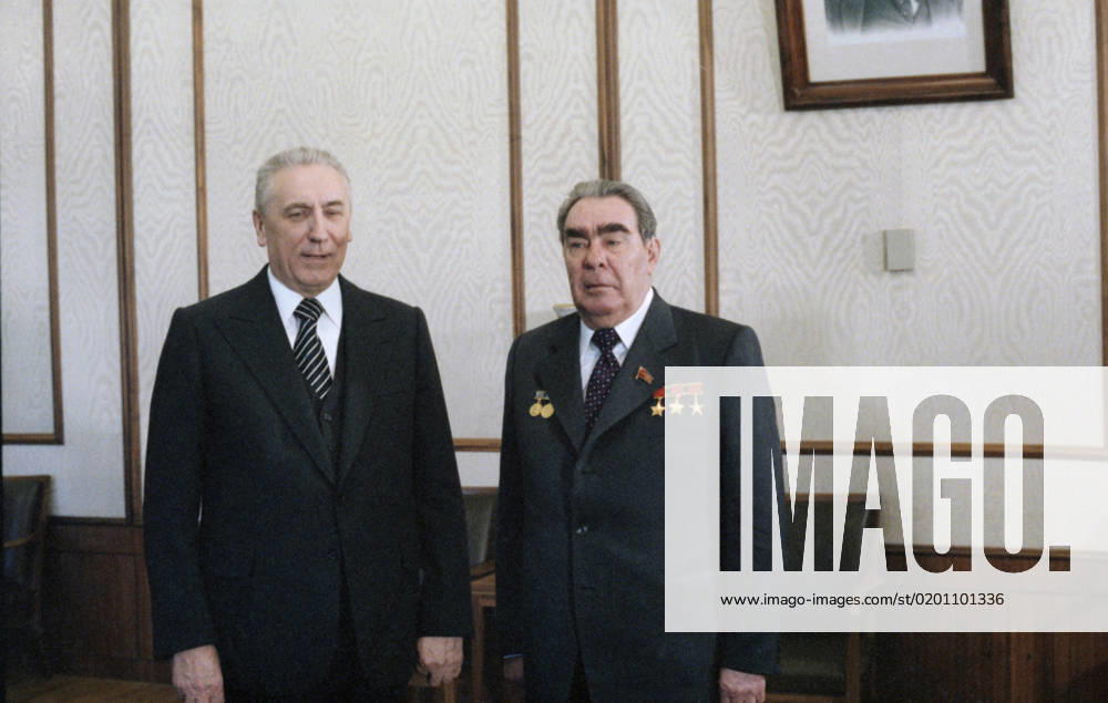 Moscow, USSR. April 18, 1978. General Secretary of the Communist Party of the Soviet Union, Chairman of the Presidium of the Supreme Soviet of the USSR Leonid Brezhnev (R) and First Secretary of the Polish United Workers Party Edward Gierek hold a meeting in the Kremlin. Eduard Pesov TASS 18814055