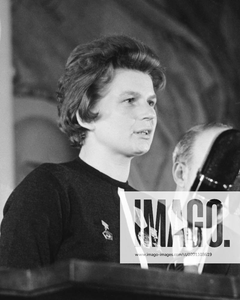 Moscow, USSR. June 25, 1963. Hero of the Soviet Union, Soviet cosmonaut Valentina Tereshkova answers questions during a press conference dedicated to joint flight of Vostok 5 and Vostok 6 spacecrafts at the Assembly Hall of Lomonosov Moscow State University. Vladimir Savostyanov TASS 22493509