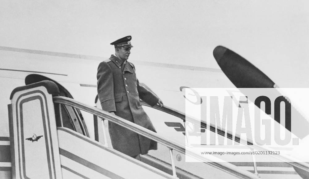 Moscow, USSR. The world s first cosmonaut Yuri Gagarin, who made a space flight on April 12, 1961 on the Vostok spacecraft, walks down an airstair as he attends a welcoming ceremony at the Vnukovo Airport. Leonid Velikzhanin TASS 1467367
