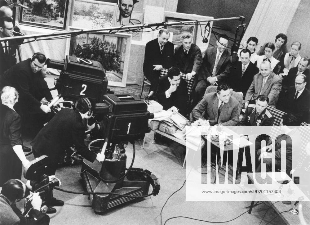 Moscow, USSR. Hero of the Soviet Union, Soviet cosmonaut, the first person in the world to make an orbital flight on the Vostok spacecraft on April 12, 1961 Yuri Gagarin (2nd R in 1st row) appears for the first time on the USSR Central Television. Alexander Konkov TASS 300743