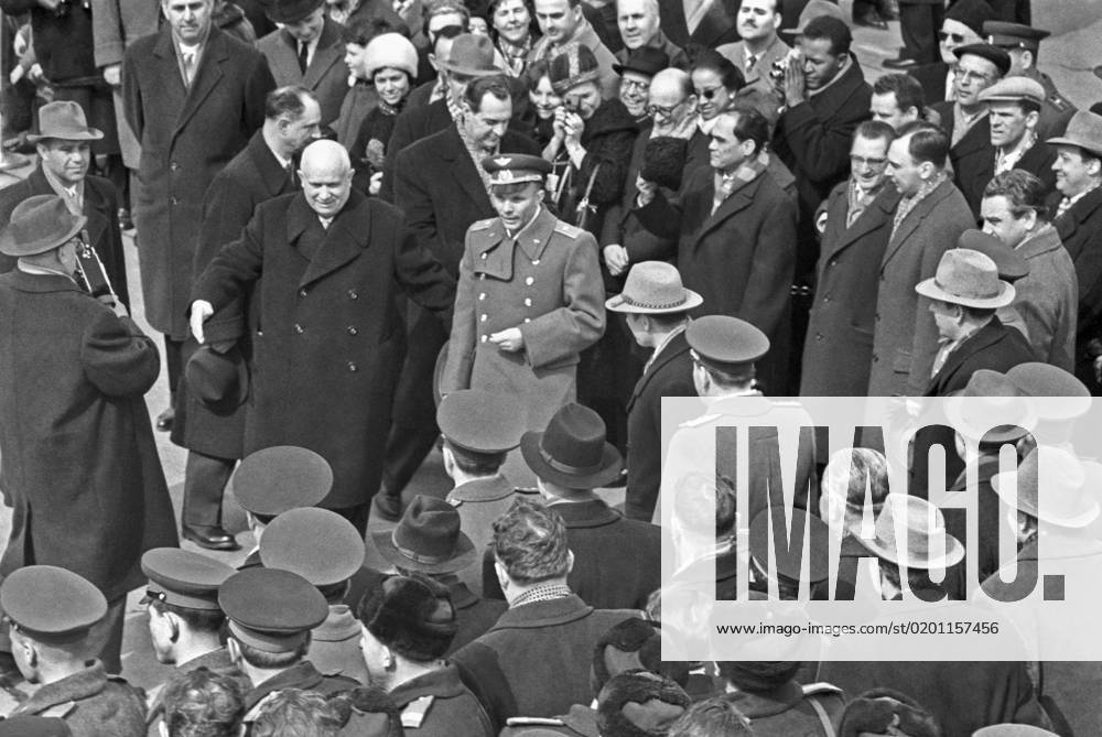 Moscow, USSR. First Secretary of the Communist Party of the Soviet Union, Chairman of the Council of Ministers of the Soviet Union Nikita Khrushchev and the world s first cosmonaut Yuri Gagarin(L-R, centre), who made a space flight on April 12, 1961 on the Vostok spacecraft, attend a welcoming ceremony for Yuri Gagarin at the Vnukovo airport. Valery Gende-Rote TASS 301101