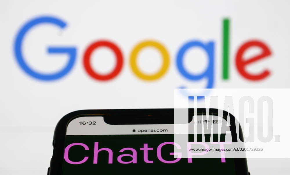 ChatGPT And Internet Companies Photo Illustrations ChatGPT sign displayed on OpenAI website and Google logo displayed on a screen in the background are seen in this illustration photo taken in Krakow, Poland on February 2, 2023. Krakow Poland