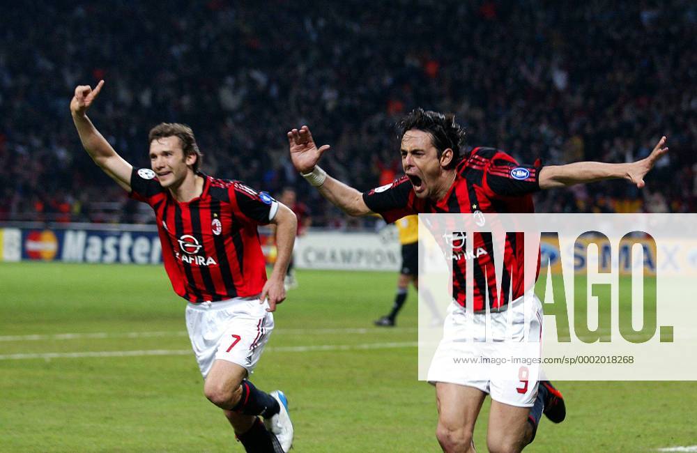 Filippo Inzaghi (re.) und Andriy Shevchenko (beide Milan) - Torjubel Fußball EC 1 Herren Champions League 2005 2006, AC Mailand Gruppe Mailand Freude, Begeisterung,