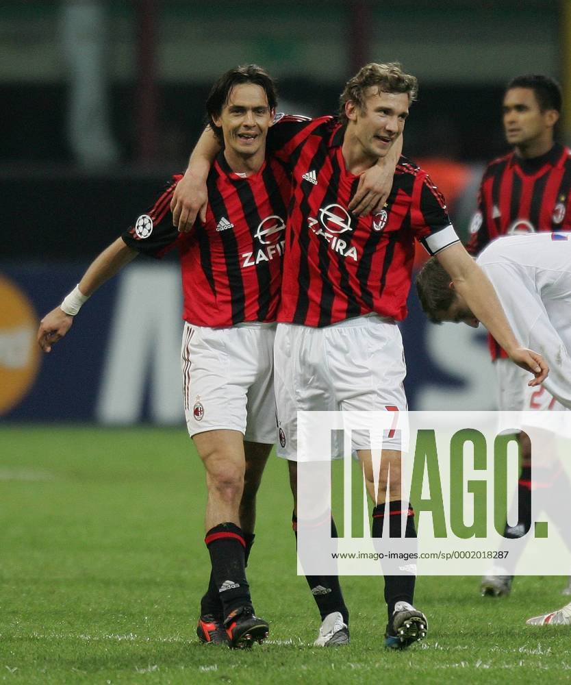 Filippo Inzaghi (li.) und Andriy Shevchenko (beide Milan) - Schlussjubel - Fußball EC 1 Herren UEFA Champions League 2005 2006, AC Mailand, Serie A, 1. Italienische Liga, Gruppe Mailand Freude,