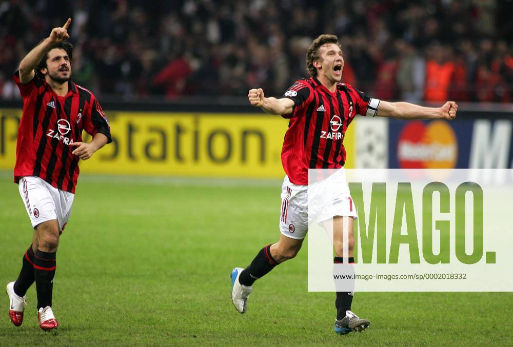 Andriy Shevchenko (re.) und Gennaro Gattuso (beide Milan) - Schlussjubel Fußball EC 1 Herren Champions League 2005 2006, AC Mailand Gruppe Mailand Freude, Begeisterung,