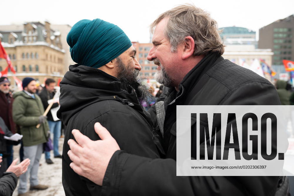 NDP Leader Jagmeet Singh, left, shares a moment with National President of the Canadian Union of Public Employees (CUPE), Mark Hancock, during a rally to demand Canada s public health care system be protected and expanded, on Parliament Hill in Ottawa, Tuesday, Feb. 7, 2023. Ottawa Canada - ZUMAc35_ 20230207_zaf_c35_069