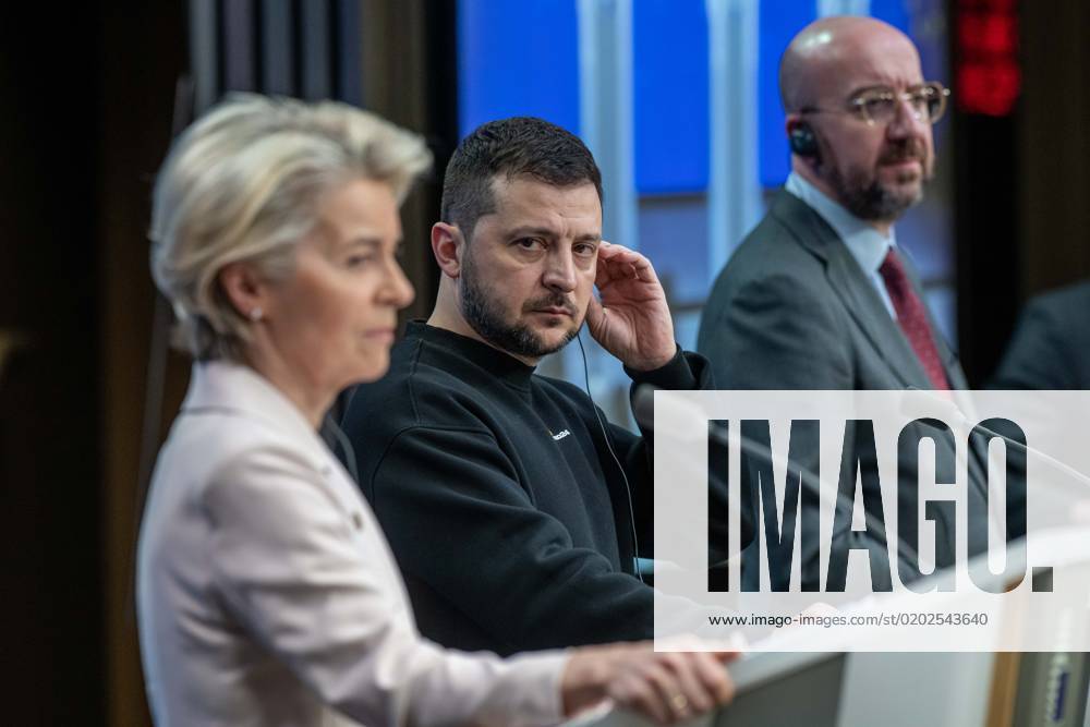 BRUSSELS Ukrainian President Volodymyr Zelensky speaks to the press during the first day of an inserted EU summit The meeting will discuss, among other things, EU support to Ukraine and the growing migration problems in Europe ANP JONAS ROOSENS netherlands out belgium out