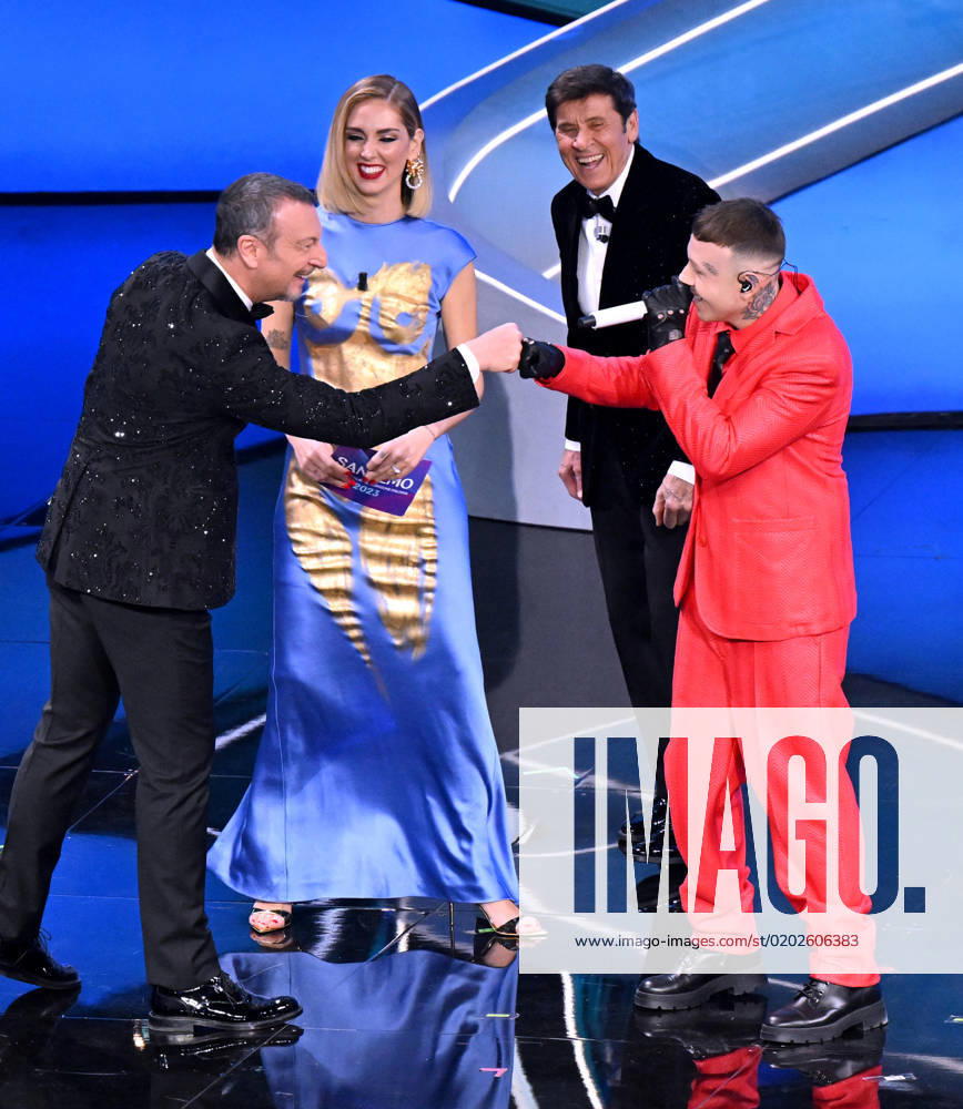 (L-R) Sanremo Festival host and artistic director Amadeus, Italian fashion blogger, businesswoman and model Chiara Ferragni, Italian singer and Sanremo Festival co-host Gianni Morandi and Italian singer Lazza on stage at the Ariston theatre during the 73rd Sanremo Italian Song Festival, in Sanremo, Italy, 11 February 2023. The music festival will run from 07 to 11 February 2023. ANSA ETTORE FERRARI. SANREMO ITALIA - ZUMAa110 20230211_zaf_a110_130