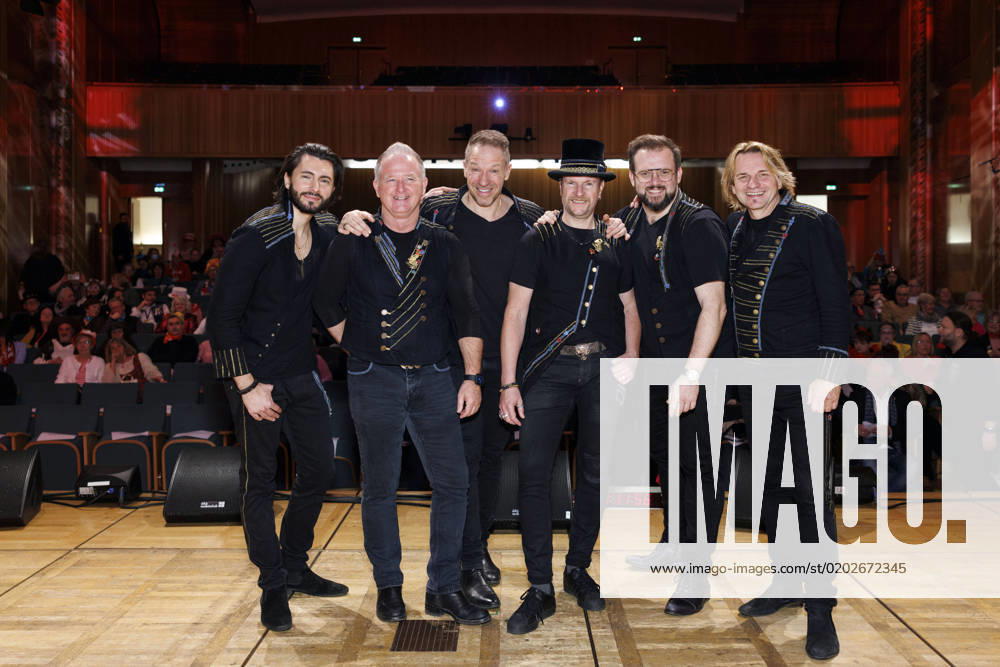 Guitarist Edin Colic, keyboardist Micki Schläger, singer Patrick Lück, drummer Heiko Braun, musician Freddi Lubitz and musician Jens Streifling from the band die Höhner at the screening of the 60-minute long version of the WDR documentary 50 Jahre Höhner Von Köln in die Welt at the WDR Funkhaus Cologne 13 02 2023 NRW Germany