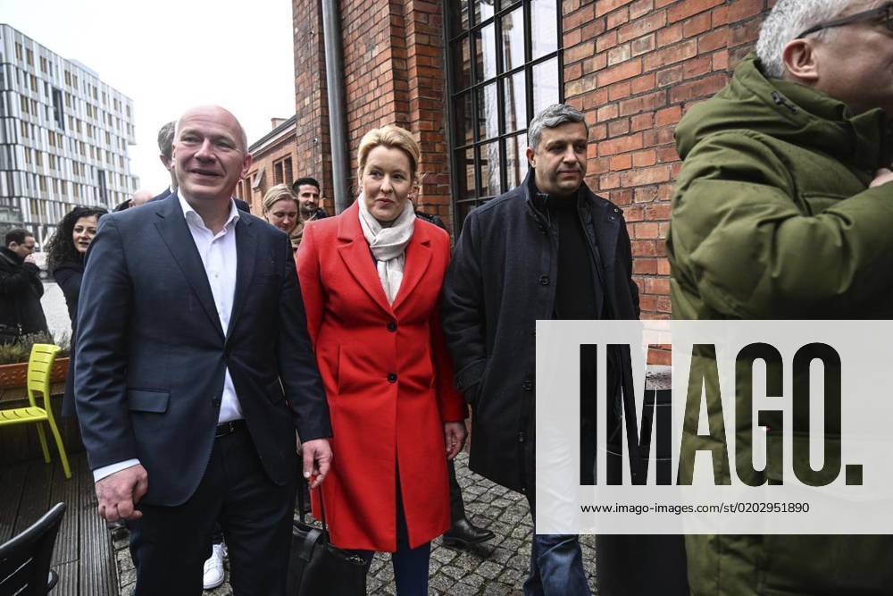 Erste Sondierungsgespräche zwischen CDU und SPD nach er Wiederholungswahl am 17. Februar 2023 auf dem Berliner EUREF-Campus. Kai Wegner, Franziska Giffey und Raed Saleh. Deutschland Berlin