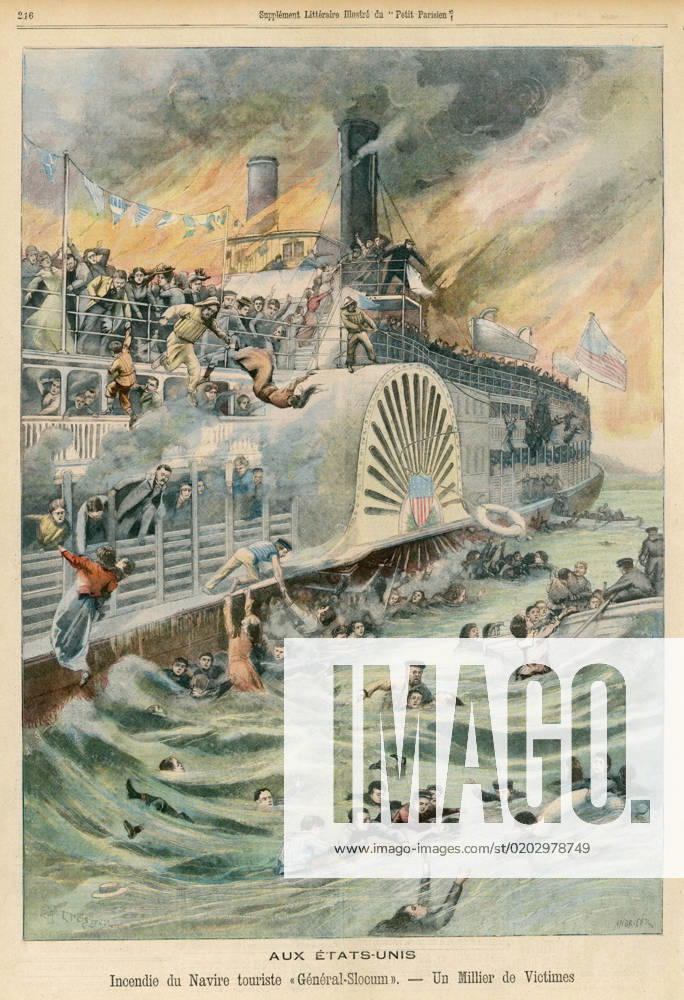 General Slocum Ablaze At least 693, mostly women and children, die when this paddle steamer, carrying a church outing, catches fire in New York s East River, though only 100 metres from shore. Date: 1904