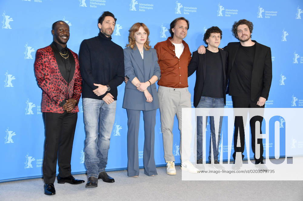 Sallieu Sesay, Adrien Brody, Odessa Young, John Trengove, Jesse Eisenberg and Philip Ettinger at the photocall for the feature film Manodrome at the Berlinale 2023 73 Berlin International Film Festival at the Hotel Grand Hyatt Berlin, 18 02 2023. Foto:xN.xKubelkax xFuturexImage