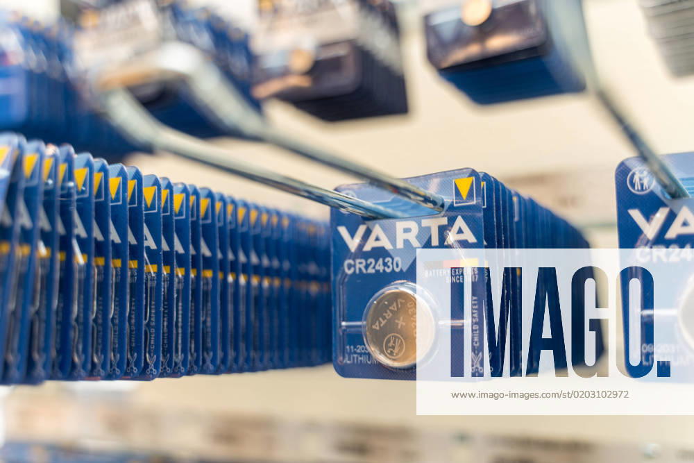 Bavaria, Germany - 15 February 2023: VARTA batteries in a sales booth in a store. Rechargeable battery and battery from Varta