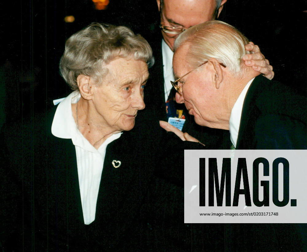 Stockholm 1997 12 03 Author Astrid Lindgren in conversation with financier Peter Wallenberg during the government lunch at the Grand Hotel Stockholm Sweden