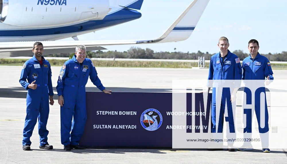 UAE Astronaut Sultan Al Neyadi, NASA Astronauts Stephen Bowen and Warren Hoburg and Russian Cosmonaut Andrey Fedaev (l to r) pose for the media after arriving at the Kennedy Space Center, Florida on Tuesday, February 21, 2023.The crew will be launched to the International Space Station on the SpaceX Crew Dragon spacecraft. KSP20230221014 JOExMARINO