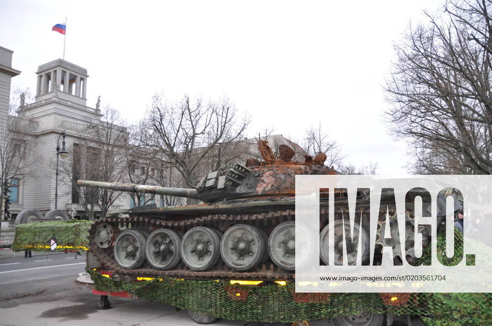 KW08 A Russian T-72 tank, destroyed by the Ukrainian army during the invasion, is displayed in front of the Russian embassy in Berlin on February 24, 2023, to mark the first anniversary of the war in Ukraine. (CTKxPhoto AlesxZapotocky) CTKPhotoP2023022403411 CTKPhotoP2023022403411
