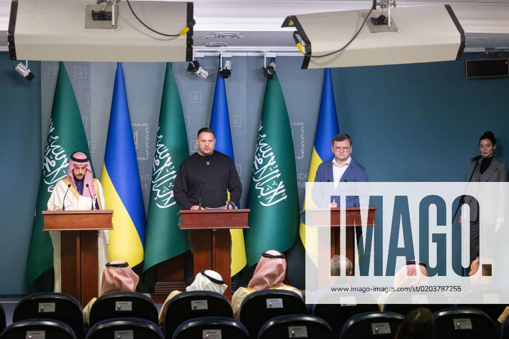Saudi Arabia s Minister of Foreign Affairs Prince Faisal bin Farhan Al-Saud (L), Head of the Office of the President of Ukraine Andriy Yermak (C) and Foreign Minister of Ukraine Dmytro Kuleba (R) attend joint press conference Saudi Arabia s Minister of Foreign Affairs Prince Faisal bin Farhan Al-Saud (L), Head of the Office of the President of Ukraine Andriy Yermak (C) and Foreign Minister of Ukraine Dmytro Kuleba (R) attend joint press conference in Kyiv on February 26, 2023, amid the Russian invasion of Ukraine. Photo by PRESIDENT OF UKRAINE apaimages Ukraine Ukraine Ukraine 260223_Ukraine_UPO_00 (41)