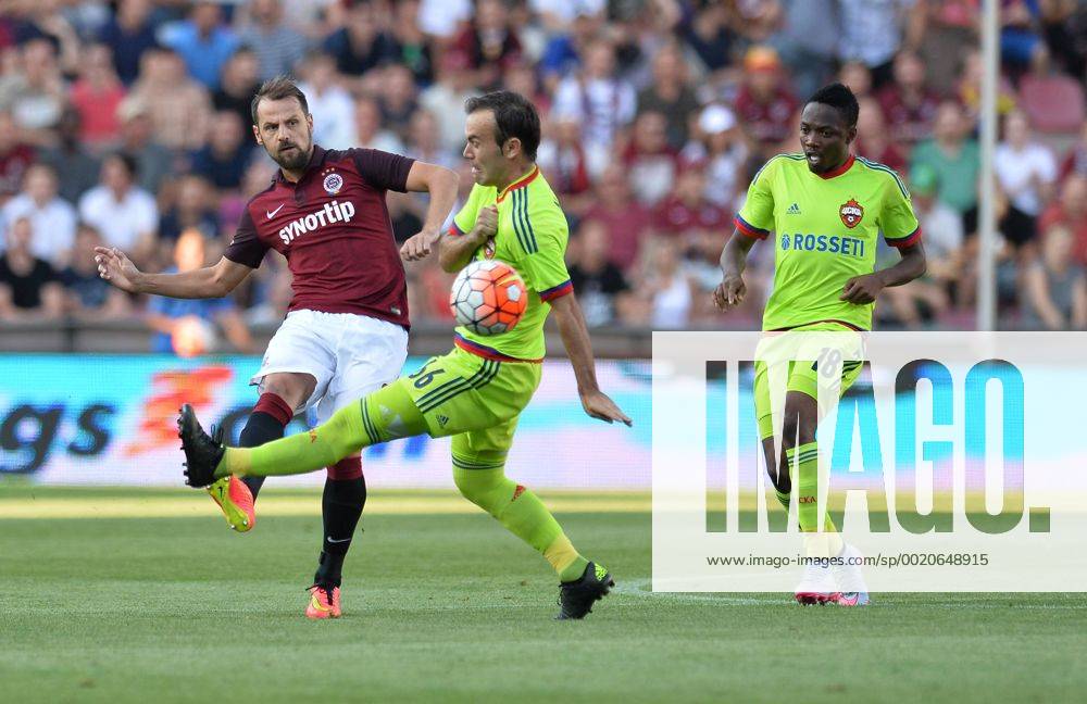 Marek Matejovsky (Sparta), left to right, and Bebras Natcho and Ahmed Musa of CSKA Moscow in action during the third qualifying round of the Champions League return match between AC Sparta Prague and CSKA Moscow in Prague, Czech Republic, on Wednesday, August 5, 2015. (CTKxPhoto KaterinaxSulova) CTKPhotoP201508050759101 SUK_6541