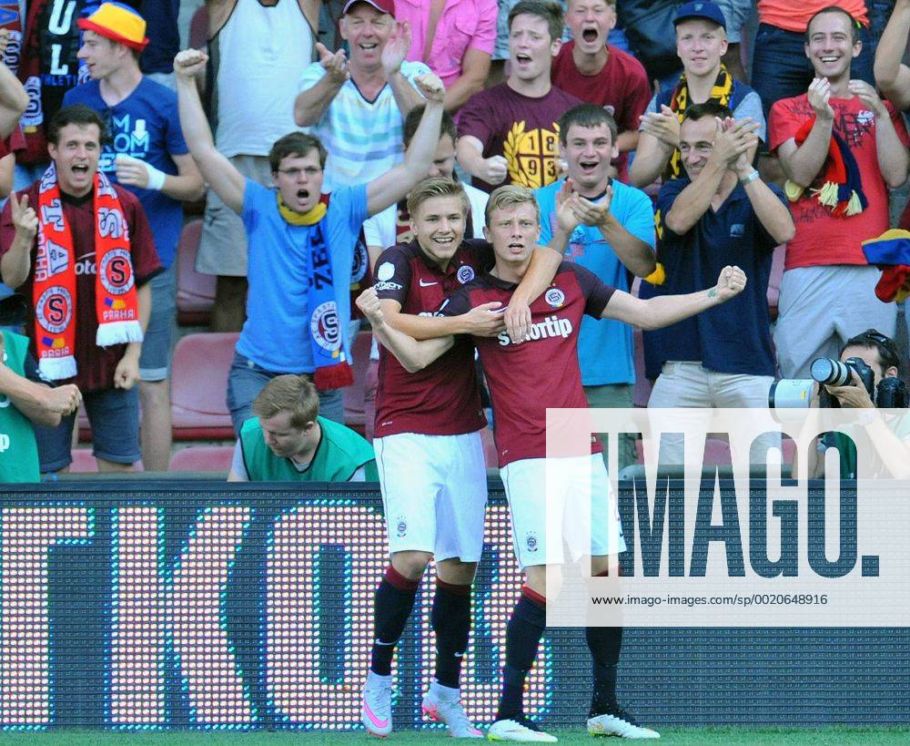 Martin Frydek, left, and Ladislav Krejci of Sparta celebrate the goal during the third qualifying round of the Champions League return match between AC Sparta Prague and CSKA Moscow in Prague, Czech Republic, on Wednesday, August 5, 2015. (CTKxPhoto MichalxDolezal) CTKPhotoP201508050759301 dol 001 !