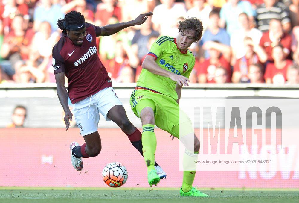 Costa Nhamoinesu of Sparta, left, and Mario Fernandes of CSKA Moscow in action during the third qualifying round of the Champions League return match between AC Sparta Prague and CSKA Moscow in Prague, Czech Republic, on Wednesday, August 5, 2015. (CTKxPhoto KaterinaxSulova) CTKPhotoP201508050773501 suk2
