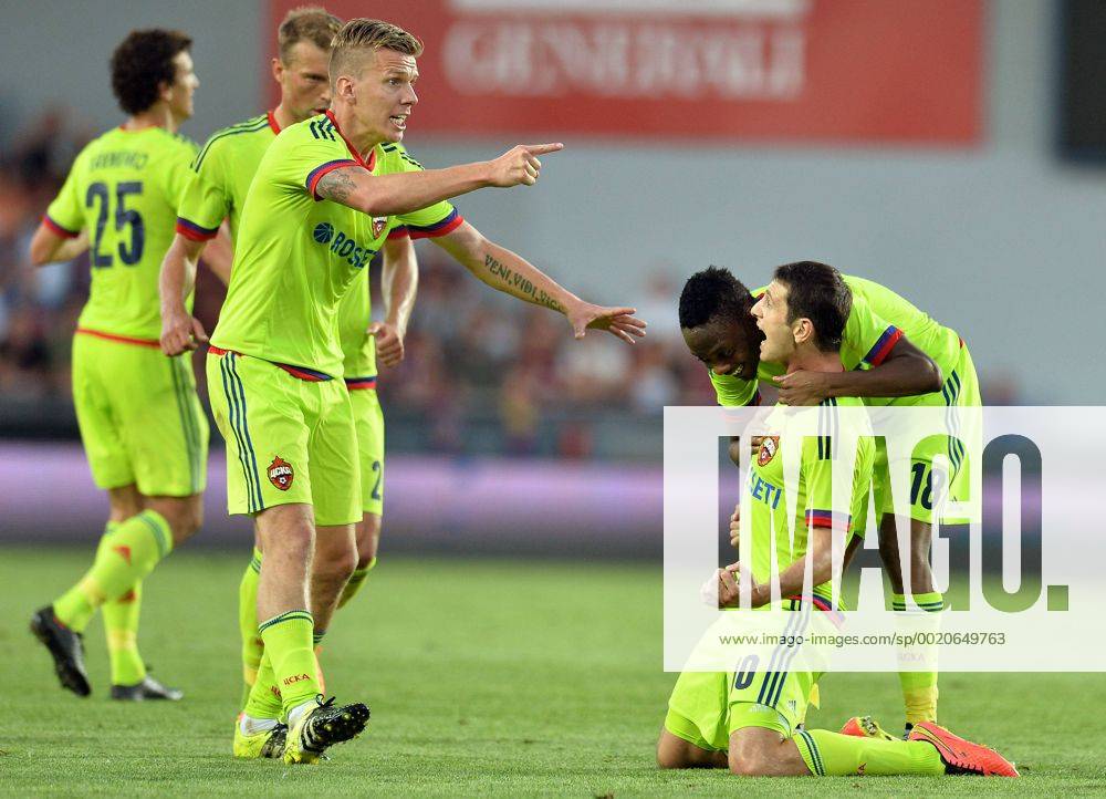 Alan Dzagoev, kneeling, celebrates with his teammates the third goal during the third qualifying round of the Champions League return match between AC Sparta Prague and CSKA Moscow in Prague, Czech Republic, on Wednesday, August 5, 2015. (CTKxPhoto KaterinaxSulova) CTKPhotoP201508050826101 suk11