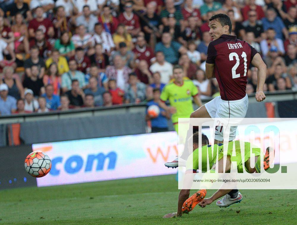 David Lafata, of Sparta, shooting, and Aleksei Berezutski of CSKA Moscow in action during the third qualifying round of the Champions League return match between AC Sparta Prague and CSKA Moscow in Prague, Czech Republic, on Wednesday, August 5, 2015. (CTKxPhoto MichalxDolezal) CTKPhotoP201508050848101 dol 011