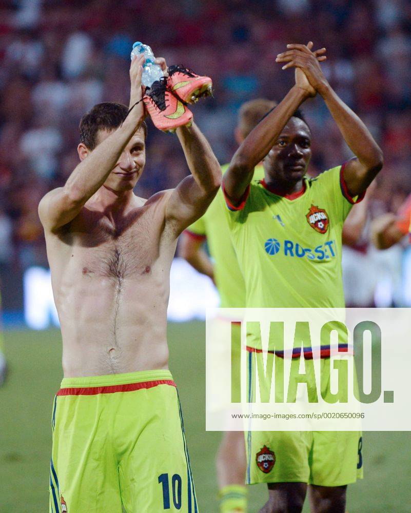 Alan Dzagoev, left, and Ahmed Musa of CSKA Moscow greet the fans after winning the third qualifying round of the Champions League return match between AC Sparta Prague and CSKA Moscow in Prague, Czech Republic, on Wednesday, August 5, 2015. (CTKxPhoto MichalxDolezal) CTKPhotoP201508050850301 dol 012