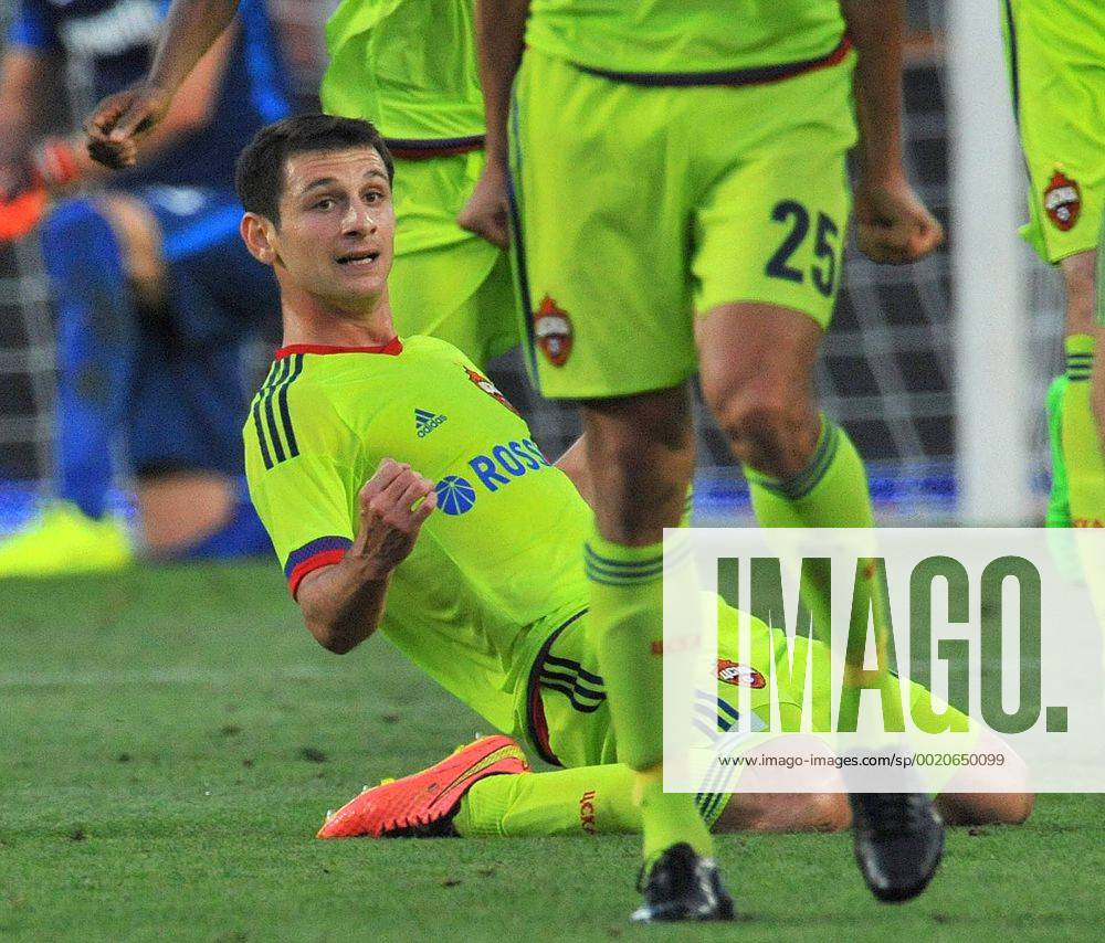 Alan Dzagoev, kneeling, celebrates his crucial goal during the third qualifying round of the Champions League return match between AC Sparta Prague and CSKA Moscow in Prague, Czech Republic, on Wednesday, August 5, 2015. (CTKxPhoto MichalxDolezal) CTKPhotoP201508050854501 dol 014