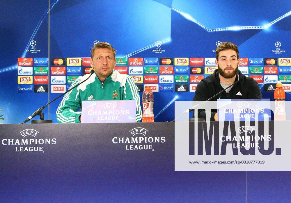 SOCCER - CL play offs, Rapid vs Shakhtar, preview VIENNA,AUSTRIA,18.AUG.15 - SOCCER - UEFA Champions League, play offs, SK Rapid Wien vs FC Shakhtar Donetsk, preview, press conference PK Pressekonferenz Rapid. Image shows head coach Zoran Barisic and Thanos Petsos (Rapid). Keywords: Wien Energie. GEPAxpictures xChristianxOrt