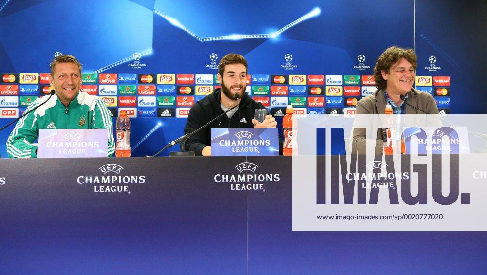 SOCCER - CL play offs, Rapid vs Shakhtar, preview VIENNA,AUSTRIA,18.AUG.15 - SOCCER - UEFA Champions League, play offs, SK Rapid Wien vs FC Shakhtar Donetsk, preview, press conference PK Pressekonferenz Rapid. Image shows head coach Zoran Barisic, Thanos Petsos and press officer Peter Klinglmueller (Rapid). Keywords: Wien Energie. GEPAxpictures xChristianxOrt